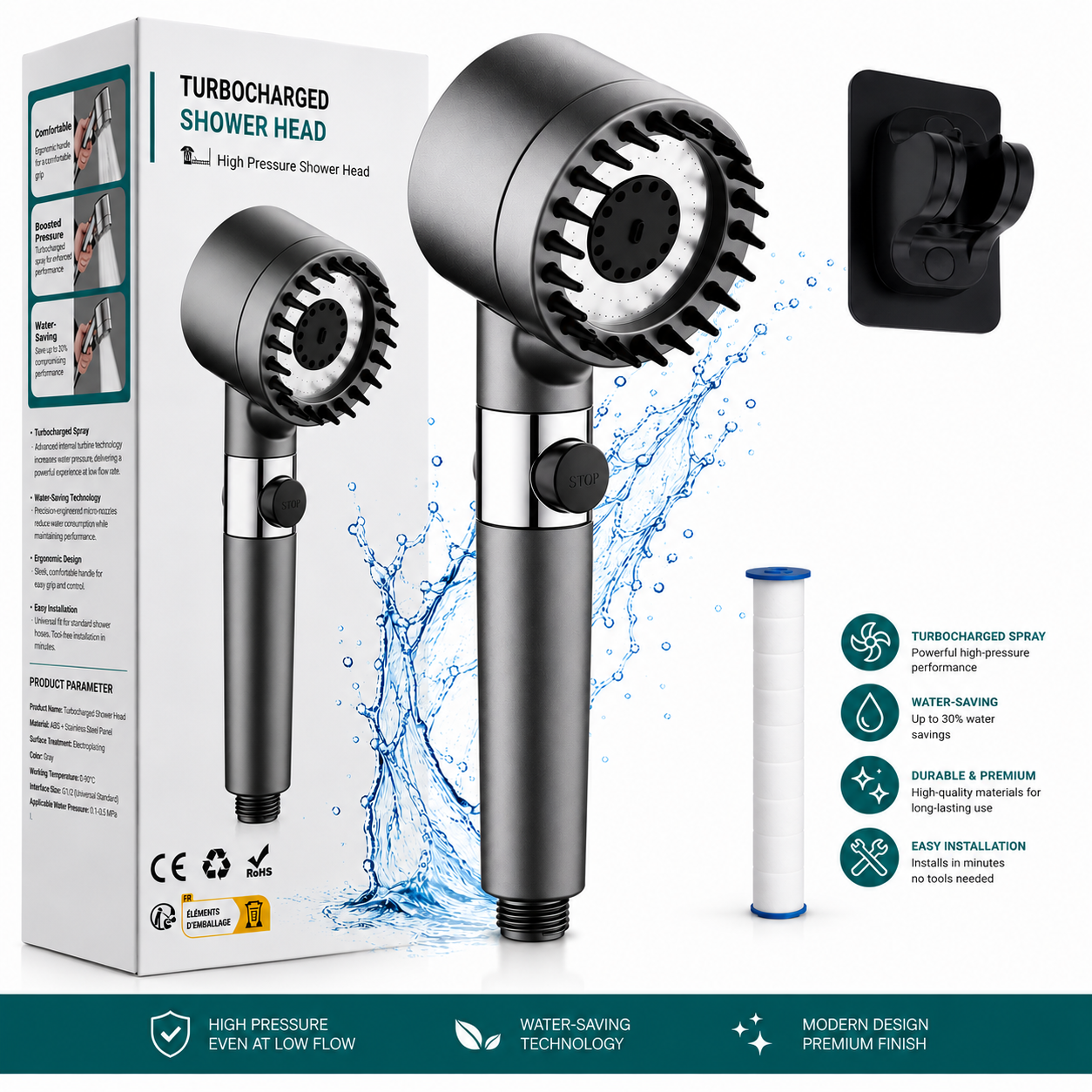 Cabezal de ducha AquaForce con filtro y Accesorios según elección.