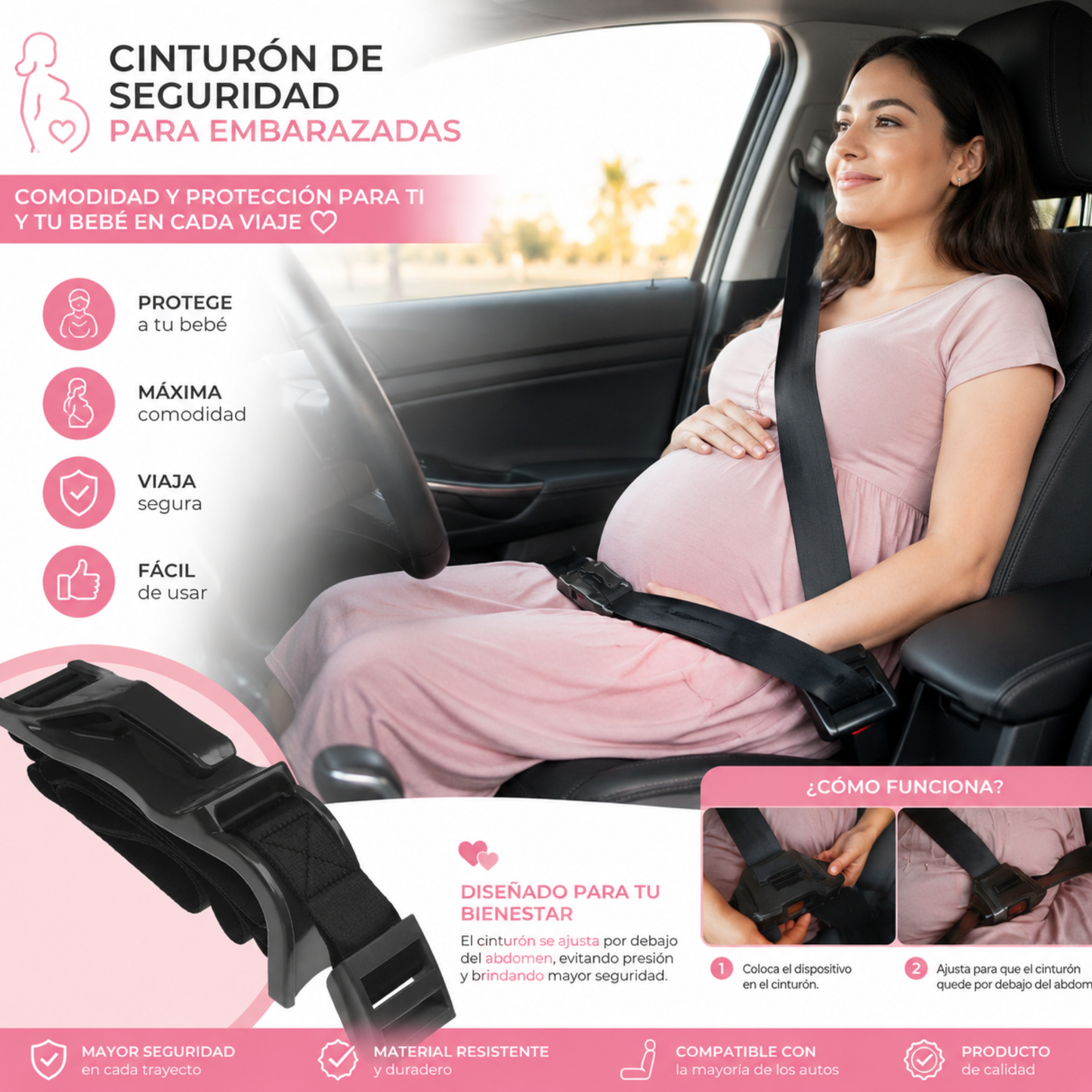 BellySafe ᵀᴹ Cinturón de seguridad para mujeres embarazadas, soporte antideslizante para copiloto, dispositivo extensor para conducción en embarazo con protector abdominal.