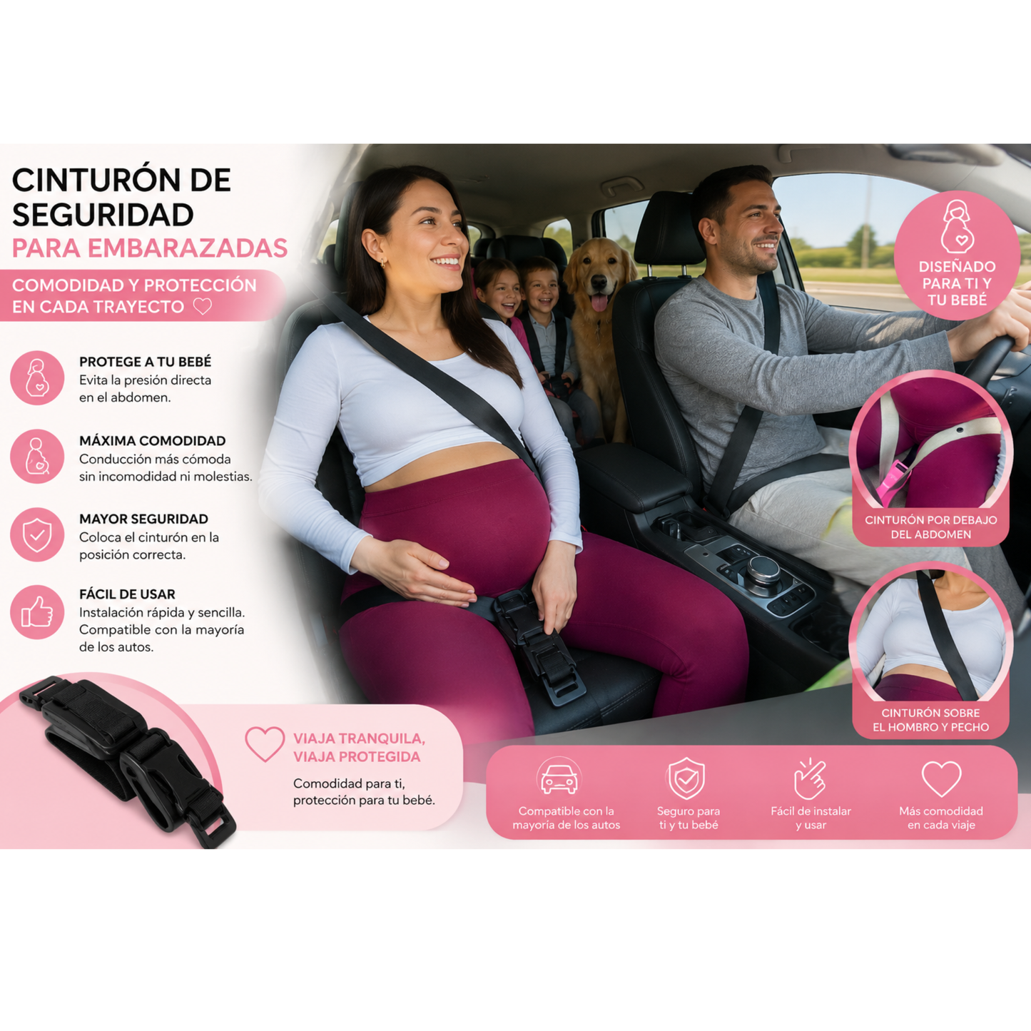 BellySafe ᵀᴹ Cinturón de seguridad para mujeres embarazadas, soporte antideslizante para copiloto, dispositivo extensor para conducción en embarazo con protector abdominal.