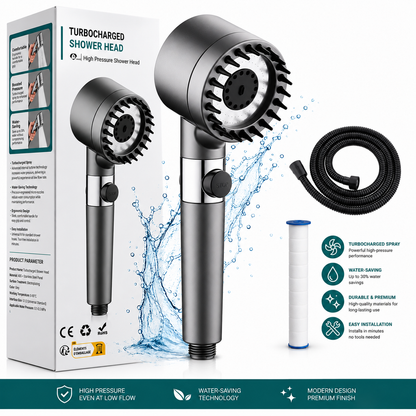 Cabezal de ducha AquaForce con filtro y cinco modos de alta presión y Accesorios según elección